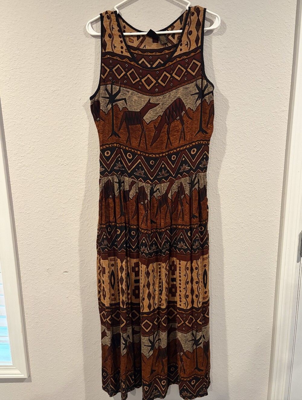 Bila Womens Vintage 100% Rayon Animal Tribal Print Sleeveless Maxi Dress Size S